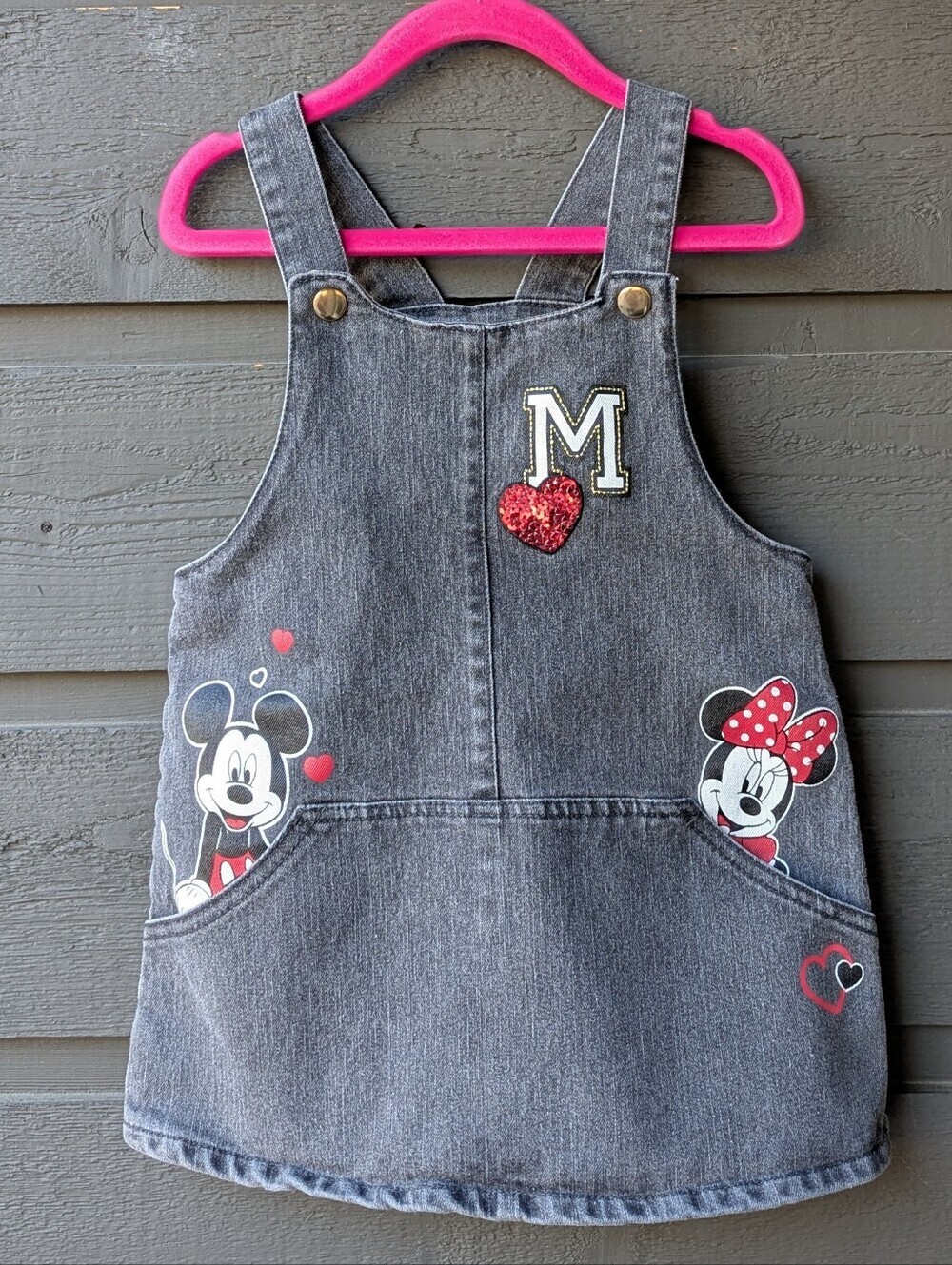 Disney Junior Minnie Gray Denim Mickey & Minnie Love Overall Dress Jumper 3T